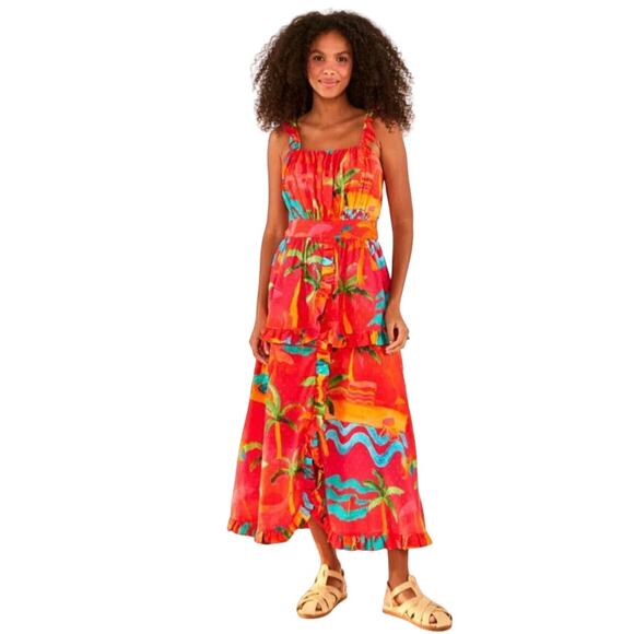 Farm Rio Ipanema Midi Ruffle Dress Red Tropical Print S - Picture 1 of 12
